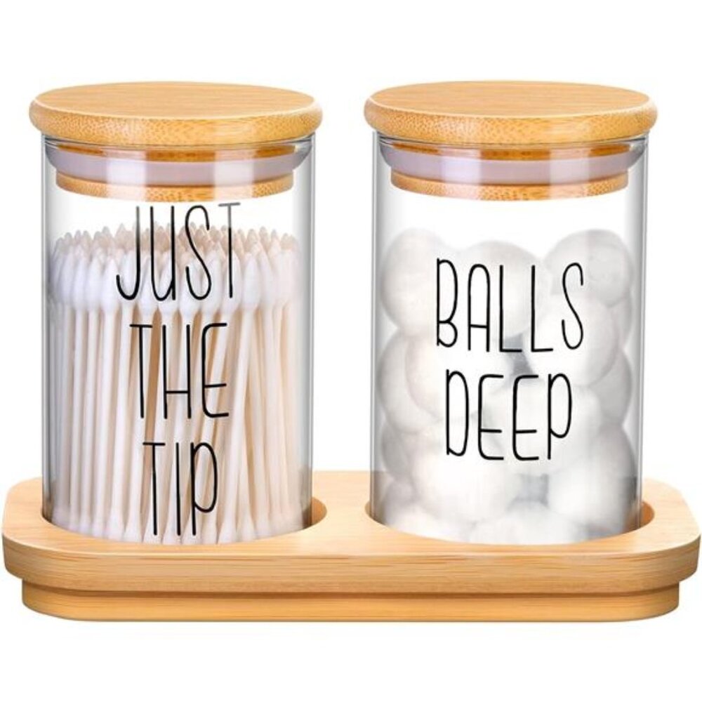 Funny Qtip Holder Dispenser 2 Pack Glass Apothecary Jars Canisters with Tray